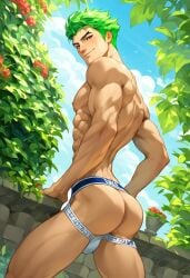 abs ai_generated ass back biceps blush gay genji green_hair looking_at_viewer looking_back male male_only muscular muscular_male nipples overwatch pecs toned_body toned_male twall97