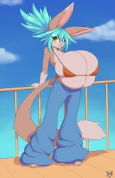 anthro anthro_only baggy_clothing baggy_pants big_breasts bikini blue_hair breasts clouds female female_only huge_breasts jeans large_breasts railing sideboob sky solo standing tight_clothing two_tone_body underboob vantarts yellow_eyes