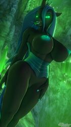 2019 3d anthro big_breasts breasts candy changeling doctor-sfm erect_nipples fangs female food friendship_is_magic glowing glowing_eyes half-closed_eyes horn lollipop looking_at_viewer my_little_pony nipples open_mouth pussy queen_chrysalis_(mlp) saliva solo source_filmmaker tongue tongue_out