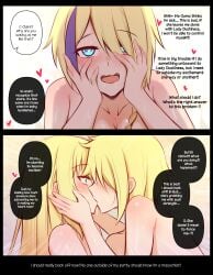 2girls blonde_hair blue_eyes blue_hair blush claire_(konosuba) cleavage comic completely_nude darkness_(konosuba) english_text females_only hands_on_own_cheeks hands_on_own_face heart heart-shaped_pupils kissing kissing kono_subarashii_sekai_ni_shukufuku_wo! long_hair multiple_girls niui nude short_hair speech_bubble streaked_hair upper_body yuri