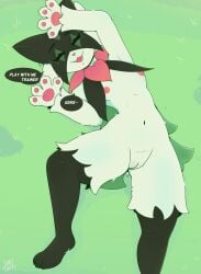 absurd_res anthro anthro_only closed_eyes daki_furry evolution female female/female generation_9_pokemon genitals grass green_body hi_res mask meowscarada nintendo nipples nude paws plant pokemon pokemon_(species) pussy simple_background smile solo speech_bubble text thick_thighs