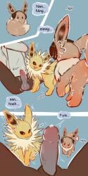 brown_body brown_fur comic earmuffs eevee eeveelution electricity electrostimulation english_text feral floofyskydraws fur generation_1_pokemon group headphones hi_res human interspecies jolteon looking_at_another male mammal moan neck_tuft nintendo penis pokemon pokemon_(species) pokephilia precum sparks text tongue tongue_out trio tuft yellow_body yellow_fur