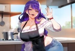 1girls ai_generated apron bangs bare_shoulders blurry blush braid braided_ponytail breasts clavicle cleavage clothing contemporary covered_navel curvaceous curvaceous_female curvaceous_figure curvy curvy_figure denim female female_focus female_only genshin_impact hoyoverse huge_breasts indoors inviting inviting_to_sex jeans kitchen large_breasts long_hair looking_at_viewer mihoyo miyuai mole mole_under_eye navel off_shoulder open_mouth pants presenting presenting_anus presenting_ass presenting_breasts presenting_hindquarters presenting_pussy purple_eyes purple_hair raiden_shogun seductive seductive_look seductive_smile shirt smile solo stove thighs tied_hair very_long_hair voluptuous voluptuous_female