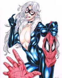 1girls big_breasts black_cat_(marvel) blue_bodysuit blue_eyes bodysuit breasts choker cleavage color colored curvy curvy_body curvy_female curvy_figure daniele_torres digital_drawing_(artwork) digital_media_(artwork) ed_benes_studio felicia_hardy female grabbing_object hips holding_object light-skinned_female light_skin long_hair making_fun_of marvel marvel_comics mask masked_female nails open_bodysuit open_clothes peter_parker red_lipstick seductive seductive_look shiny shiny_bodysuit shiny_clothes shiny_skin showing_breasts skin_tight smile smiling_at_partner spider-man spider-man_(series) superheroine tight_bodysuit tight_clothes tight_clothing voluptuous voluptuous_female waist white_fur white_hair zipper zipper_down zipper_pull_tab