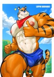 1boy abs anthro biceps big_bulge bulge clothing felid flaccid frosted_flakes fur kellogg's kerchief lupin_barnabi male male_nipples male_only mammal manly mascot muscular_anthro muscular_male nipples orange_fur pantherine pecs solo solo_male stripes tiger tight_clothing tony_the_tiger