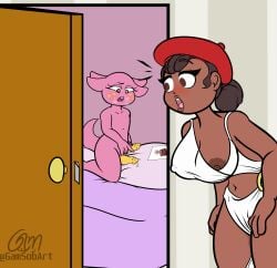 1futa 1girls 2_penises anthro axolotl axolotl_girl axolotl_humanoid bed bedroom being_watched big_breasts black_body black_girl blush clothed clothing cute cute_girl dark_skin diphallia diphallism female female_focus flat_chest futanari gamsobart_(artist) human intersex kneeling masturbating masturbation mostly_nude multi_penis nipple_slip peeking_nipple peeking_out peeping penis photo photo_(object) pillow pillow_humping pillows pink_skin solo_focus spying wet wet_pussy