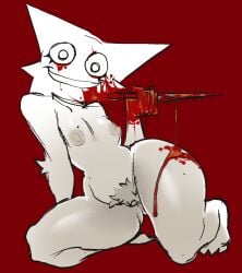 animal_ears animal_humanoid beauty_mark blood crazy_eyes fluffy fur furry furry_female incredibox_mod knife small_breasts smile sprunki teatimetrin thick_thighs weapon wenda_(sprunki)