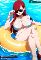 ai_generated big_breasts bikini brown_eyes curvy erza_scarlet fairy_tail female float heels ice_cream juanpi_amvs long_hair patreon patreon_username pool red_hair subscribestar sunglasses tinted_eyewear water watermark white_bikini