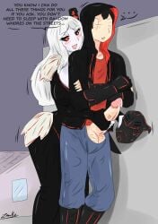 1boy 1girls annoyed arms_crossed black_hair black_sclera closed_eyes clothed dialogue fingerless_gloves grimm_(rwby) handjob_from_behind hood_up jin_satou laura/kino mask original_characters red_eyes rwby scar_across_eye white_hair white_skin zronku