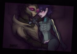 alien bed blush caal-kain clothed clothing dog_tags duo female feranta finger_fuck fingering humanoid interspecies lying male mass_effect masturbation nude on_back on_bed on_side partially_clothed pubes quarian straight turian vaginal_penetration video_games