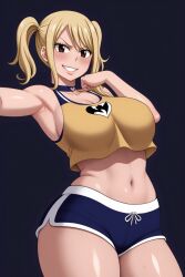 ai_generated blush fairy_tail front_view gym_uniform ight_clothing looking_at_viewer lucy_heartfilia medium_breasts selfie shiny_skin shorts smirk sports_shorts sports_uniform sweat