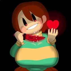 1girls big_breasts black_eyes breasts brown_hair chara chara_(mochikirb_style) chara_(undertale) female female_only heart knife looking_at_viewer mochikirb red_heart smile tagme undertale undertale_(series)