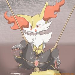 anthro blush bondage bound braixen canine crocodiler_owen cum cum_on_feet female fur looking_at_viewer mammal nintendo nude pokémon_(species) pokemon pokemon_(species) pussy pussy_juice restrained rope rope_bondage rope_harness simple_background solo spread_legs spread_pussy spreading tongue video_games white_fur yellow_fur