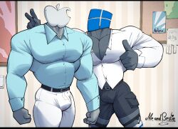 2boys animate_inanimate apple_inc. bara big_biceps big_bulge big_pecs buff bulge cerwcerw clothed clothed_male clothing company_logo duo gay grey_body helmet humanized male male_focus male_only microsoft muscles muscular muscular_male object_head pecs plants t-shirt thick_thighs thighs tight_clothing v_sign windows windows_xp