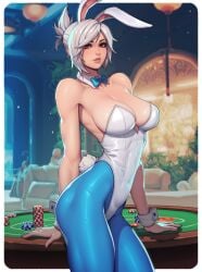 4narch157 ai_generated big_ass big_breasts blue_pantyhose brown_eyes bunny_ears bunny_tail bunnysuit casino fake_animal_ears fake_tail league_of_legends riven white_bunnysuit white_hair