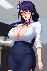 ai_generated blush breasts flying_button genshin_impact glasses huge_breasts long_skirt milf no_bra office office_clothing office_lady office_uniform open_mouth raiden_shogun shiny_skin shocked tight_clothing unbuttoned unbuttoned_shirt