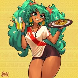 asian_latina blue_eyes blue_hair dark-skinned_female ear_piercing earrings federacion_peruana_del_futbol flowers flowers_in_hair football_uniform hatsune_miku hips holding_glass holding_object holding_plate inca_kola latin_american_hatsune_miku_(meme) latina peruvian peruvian_female peruvian_flag peruvian_miku pueblo_marron shorts sleakj3 small_breasts smiling soccer_uniform thick_thighs vocaloid watermark