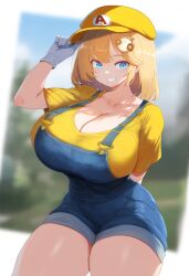 ai_generated ameanon big_breasts blonde_hair blue_eyes breasts cleavage gloves hololive hololive_english hololive_myth huge_breasts large_breasts mario_(cosplay) mario_hat mommy overalls thick_thighs virtual_youtuber vtuber watson_amelia white_gloves yellow_hat