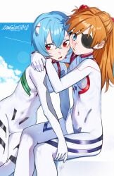 2girls aged_down asuka_langley_sohryu blue_eyes blue_hair blue_sky bodysuit breasts clouds embarrassed_female eyepatch female hugging human light-skinned_female light_skin long_hair looking_at_viewer looking_away neon_genesis_evangelion orange_hair pale-skinned_female pale_skin petite petite_body petite_breasts petite_female petite_girl pilot_suit plugsuit rebuild_of_evangelion red_eyes rei_ayanami shikinami_asuka_langley short_hair skinny skinny_girl small_breasts waligner white_bodysuit white_plugsuit yuri