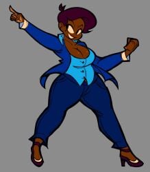 animation_station_with_millie_martins big_breasts cleavage dark_skin heels lipstick millie_martins navel pointing shockwave_animation thick_thighs voluptuous