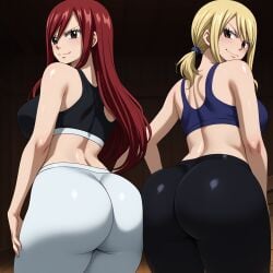 2girls ai_generated ass ass-to-ass blush erza_scarlet fairy_tail huge_ass leggings looking_at_viewer lucy_heartfilia medium_breasts shiny_skin sports_uniform standing tight_clothing