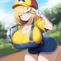 ai_generated ameanon big_breasts blonde_hair blue_eyes breasts cleavage gloves hololive hololive_english hololive_myth huge_breasts large_breasts mario_(cosplay) mario_hat mommy one_eye_closed overalls peace_sign thick_thighs virtual_youtuber vtuber watson_amelia white_gloves yellow_hat