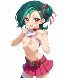 1girls ai_generated blush breasts kotori_mizuki nipples shirt_lift skirt small_breasts solo sweat tori_meadows undressing yu-gi-oh!_zexal