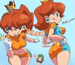 1boy 1girls ass bangs blue_eyes blush breasts brown_hair closed_mouth clothing crop_top crown daisy's_hot_stuff_(trend) earrings embarrassed english_text female flower_earrings from_behind gloves headwear inker_comics jewelry large_breasts long_hair looking_at_viewer looking_back luigi mario_(series) mario_strikers mario_strikers_princess_daisy_side_view_redraw_(meme) medium_breasts midriff navel nintendo one_eye_closed open_mouth orange_hair orange_shirt polka_dot princess_daisy shiny shiny_hair shirt short_hair short_shorts short_sleeves shorts smile solo_focus spoken_blush stomach super_mario_bros. super_mario_land super_mario_strikers teeth text thighs tomboy tongue tongue_out upper_teeth_only v-shaped_eyebrows white_gloves wink