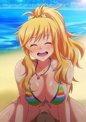 1boy beach blonde_hair bottomless breasts cleavage closed_eyes collarbone commentary_request cowgirl_position cum cum_in_pussy day female front-tie_top happy_sex highres idolmaster idolmaster_cinderella_girls jewelry large_breasts long_hair motion_lines necklace o-ring o-ring_top ocean ootsuki_yui pov_crotch pubic_hair rainbow_bikini sex sidelocks solo_focus sparkle straddling striped_bikini_top sweat swimsuit tanuki_(metaltanuki) vaginal_penetration