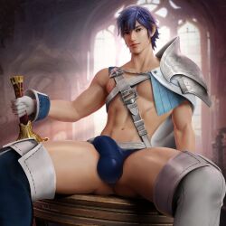 1boy blue_eyes blue_hair chrom_(fire_emblem) falchion_(fire_emblem) fire_emblem fire_emblem_awakening kodogasai looking_at_viewer male male_only manspreading muscular_male nintendo penis presenting presenting_penis short_hair sitting solo spread_legs sword tagme weapon