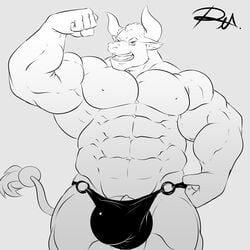 abs biceps bovine bulge clothing flaccid flexing gyumao horn hyper hyper_penis male male_only mammal monochrome muscular muscular_male nipples pecs penis penis_base reclamon solo speedo swimsuit tokyo_afterschool_summoners video_games