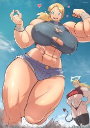 2girls abs giantess hyper_breasts muscular_female pectoriah planet_(hunter_rank_e) sophia_(pectoriah)