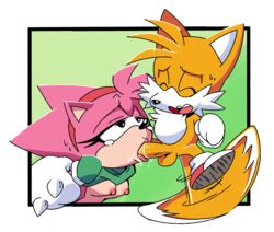 amy_rose balls breasts classic_amy_rose classic_tails exposed_torso footwear handwear humanoid knuckles_the_echidna leatherruffian oral penis sega sonic_(series) sonic_cd sonic_the_hedgehog_(series) tails tears threesome