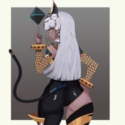 ass asymmetrical_legwear bastet_(dungeon_and_fighter) cat_ears cat_girl cat_tail dark_skin dungeon_and_fighter dungeon_fighter_online egyptian egyptian_clothes female hand_on_hip jewelry long_hair looking_back skin_tight white_hair yellow_eyes