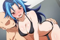 1boy ai_generated ass bald bikini blue_hair blush erect_nipples female grabbing_ass hi_res k-kun kamishiro_rio looking_at_another looking_back nervous open_mouth red_eyes rio_kamishiro sweatdrop swimsuit yu-gi-oh! yu-gi-oh!_zexal