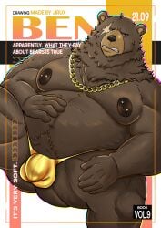 2024 absurd_res anthro areola ass balls_outline bear belly ben_bigger big_butt biped blush brown_bear bulge canid clothing detailed_bulge digital_media_(artwork) fur genital_outline gold_(metal) hair hi_res jirux looking_at_viewer magazine male male_anthro male_only mammal mihoyo moobs nipple_piercing nipples overweight overweight_anthro overweight_male penis_outline piercing simple_background solo solo_male text thong underwear ursine white_background white_body white_fur zenless_zone_zero