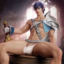 1boy blue_eyes blue_hair chrom_(fire_emblem) falchion_(fire_emblem) fire_emblem fire_emblem_awakening kodogasai looking_at_viewer male male_only manspreading muscular_male nintendo penis presenting presenting_penis short_hair sitting solo spread_legs sword tagme weapon