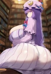 ai_generated ameanon ass big_ass big_breasts breasts breasts_bigger_than_head cleavage cleavage_cutout female huge_ass huge_breasts large_ass large_breasts panties panties_visible_through_clothing patchouli_knowledge purple_eyes purple_hair see-through see-through_clothing sitting thick_thighs tight_clothing touhou white_panties