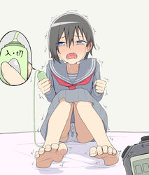 bangs barefoot black_hair blue_eyes blush clenched_hand clitoral_stimulation close-up clothed_masturbation clothing collarbone crying eyebrows_visible_through_hair feet female flat_chest full_body grey_panties grey_sailor_collar grey_shirt grey_skirt half-closed_eyes hands_up holding indoors japanese_text knees_together_feet_apart long_sleeves looking_at_viewer masturbation neckerchief nose_blush on_bed open_mouth original panties pantyshot pantyshot_(sitting) pleated_skirt pussy_juice red_neckwear remote_control_vibrator sailor_collar saliva salpin school_uniform serafuku shiny shiny_hair shirt short_hair sitting skirt solo tears textless toenails toes translation_request trembling underwear upskirt vibrator vibrator_cord vibrator_under_clothes wet wet_clothes wet_panties