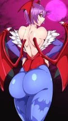 1girls 2023 armwear ass bat_print big_ass blue_pantyhose byakkun capcom darkstalkers dat_ass female female_only hands_on_hips head_wings leotard lilith_aensland looking_at_viewer looking_back looking_back_at_viewer pantyhose purple_hair rear_view red_eyes smiling smiling_at_viewer solo succubus succubus_wings thick_ass wings