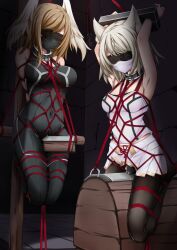 2girls artist_request bdsm_gear blindfold blindfolded bondage bound bound_arms bound_legs breasts collar collar_and_leash core_crystal eunie_(xenoblade) female female_focus female_only gag gagged leash leash_and_collar leashed_collar mio_(xenoblade) nintendo submissive submissive_female xenoblade_(series) xenoblade_chronicles_3