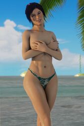 3d beach bikini bikini_bottom busty cashmerechaos female female_focus hourglass_figure lara_croft lara_croft_(survivor) outdoors outside tagme tomb_raider topless wide_hips