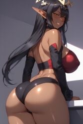 ai_generated ass ass_focus blush breasts dark-skinned_female dark_elf dark_skin elf gym_uniform huge_ass huge_breasts kuroinu_~kedakaki_seijo_wa_hakudaku_ni_somaru~ looking_at_viewer olga_discordia shiny_skin shorts smirk sports_uniform sweat thick_thighs tight_clothing