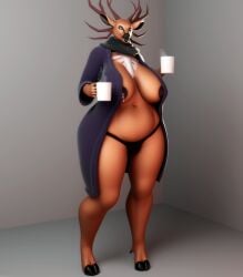 3d 5_fingers absurd_res american_mythology anthro antlers areola big_breasts big_ears big_tongue biped black_body black_fur black_nipples black_nose bodily_fluids breast_milking breasts brown_body brown_fur clothed clothing coat container cup curvy_figure deer digital_media_(artwork) exposed_breasts female fingers floor fur hi_res holding_container holding_cup holding_object hooves horn huge_breasts indigenous_north_american_mythology inside inverted_nipples lactating looking_at_viewer mammal mature_female milk mostly_nude mythology nipples north_american_mythology nude open_clothing open_coat open_mouth open_topwear robe rule_63 simple_background slightly_chubby slightly_chubby_female smile solo specimen_8 spooky's_jump_scare_mansion steam tall teeth thick_thighs topwear underwear voluptuous wendigo white_eyes wide_hips xionxiii