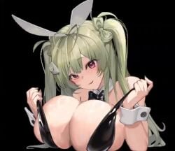 1girls breasts bunny_ears bunny_girl cleavage female goddess_of_victory:_nikke green_hair huge_breasts light-skinned_female light_skin live2d long_hair purple_eyes satou_daiji soda_(nikke) soda_(twinkling_bunny)_(nikke) tongue_out twintails video