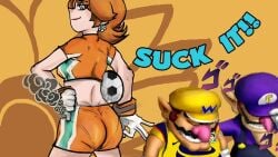 2boys ass ass_focus ball breasts brown_hair clothing crop_top daisy's_hot_stuff_(trend) earrings facial_hair fat_ass female flower_earrings from_behind gloves hand_on_hip hands_on_hips hat headwear huge_ass jewelry looking_at_another looking_at_viewer looking_back male mario_(series) mario_strikers midriff moustache multiple_boys open_mouth overalls panties_visible_through_clothing pantylines princess_daisy purple_headwear shirt short_sleeves shorts smile soccer_ball soccer_uniform sportswear super_mario_bros. super_mario_strikers teeth tomboy tongue tongue_out waluigi wario white_gloves