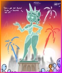 agonywelds ass breasts city_background cleavage crowd fine_art fine_art_parody fireworks hands_on_hips looking_at_viewer public_domain statue_of_liberty sunset text thick_ass thick_thighs thighs underwear upskirt