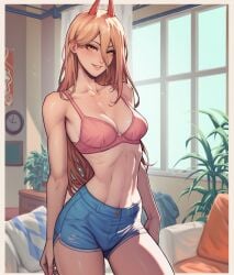 4narch157 ai_generated chainsaw_man denim_shorts indoors pink_bra power_(chainsaw_man) simple_background smile solo standing