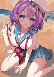 beach big_breasts breedable d4dj dyna_(artist) hidaka_saori no_panties ribbon sailor_uniform stripping sweat taking_clothes_off