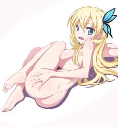 ass ass_focus ass_grab bare_ass bare_back barefoot blonde_hair blue_eyes blush boku_wa_tomodachi_ga_sukunai breast_press breasts butt_crack butterfly_hair_ornament buttocks caryo completely_nude feet female female_only from_behind grabbing_own_ass groping hair_ornament large_breasts legs long_hair long_legs looking_at_viewer looking_back lying nanashino nude oerba_yun_fang on_side open_mouth photoshop_(medium) posterior_cleavage round_ass sena_kashiwazaki shadow sideboob simple_background smile soles solo sweat sweatdrop teen teen_girl teenage teenage_girl teenager toes white_background